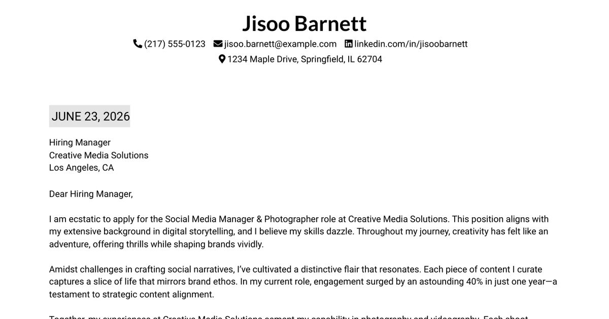 30+ Social Media Manager & Photographer Cover Letter Templates with Example 2026