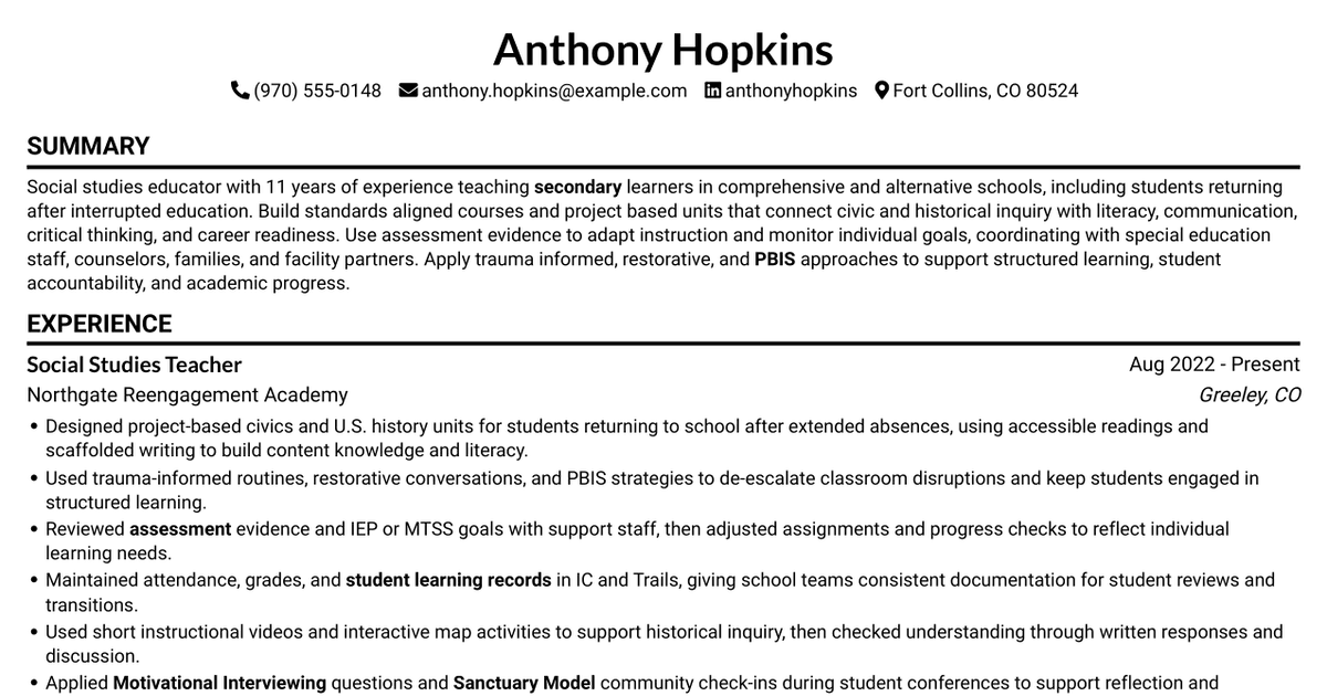 7 Social Studies Teacher I - Secure Youth Education Resume Templates with Example