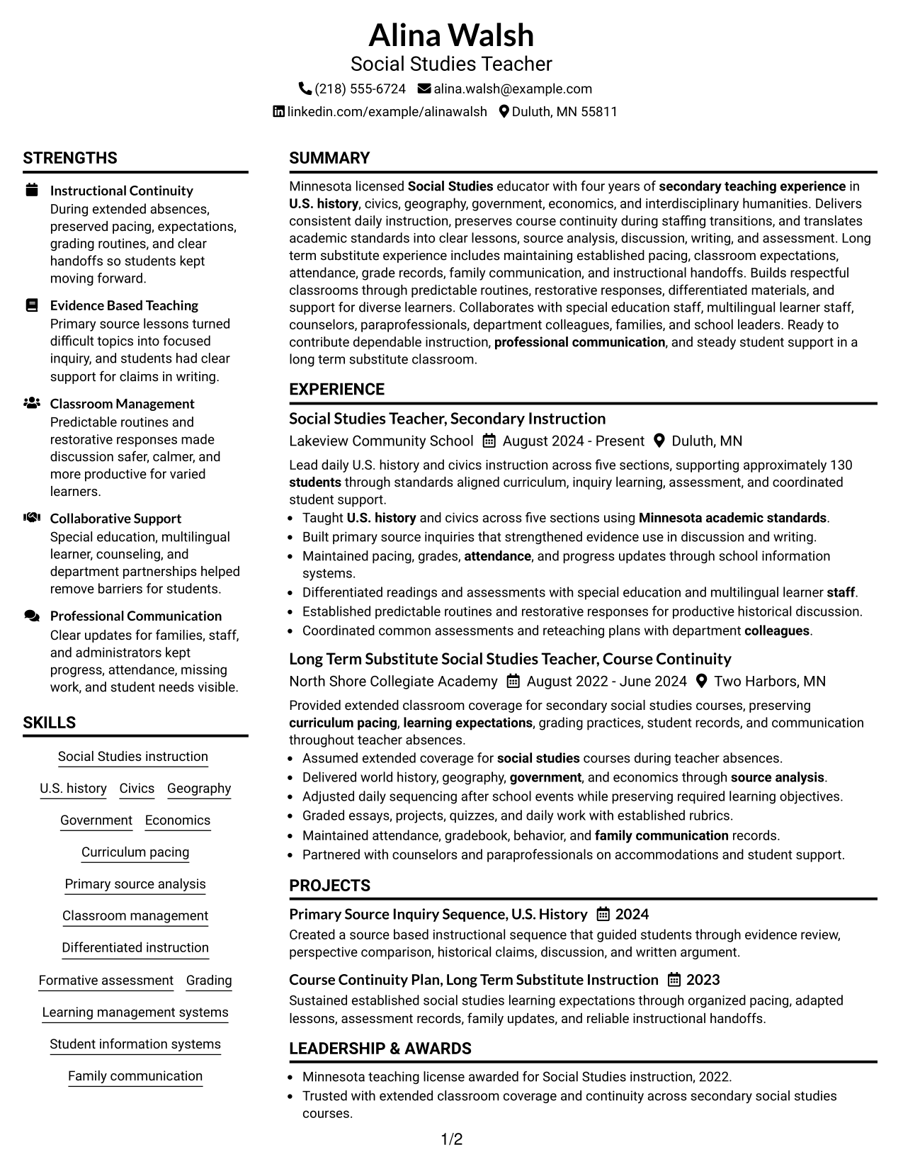 Resume Example Page 1
