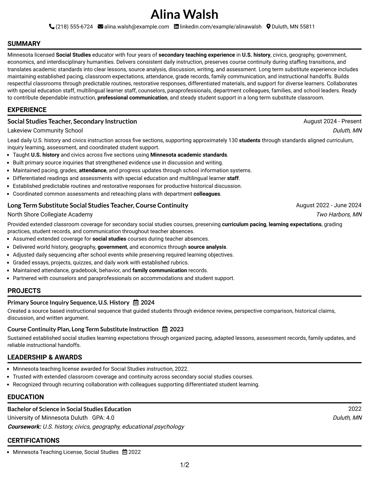 Resume Example Page 1