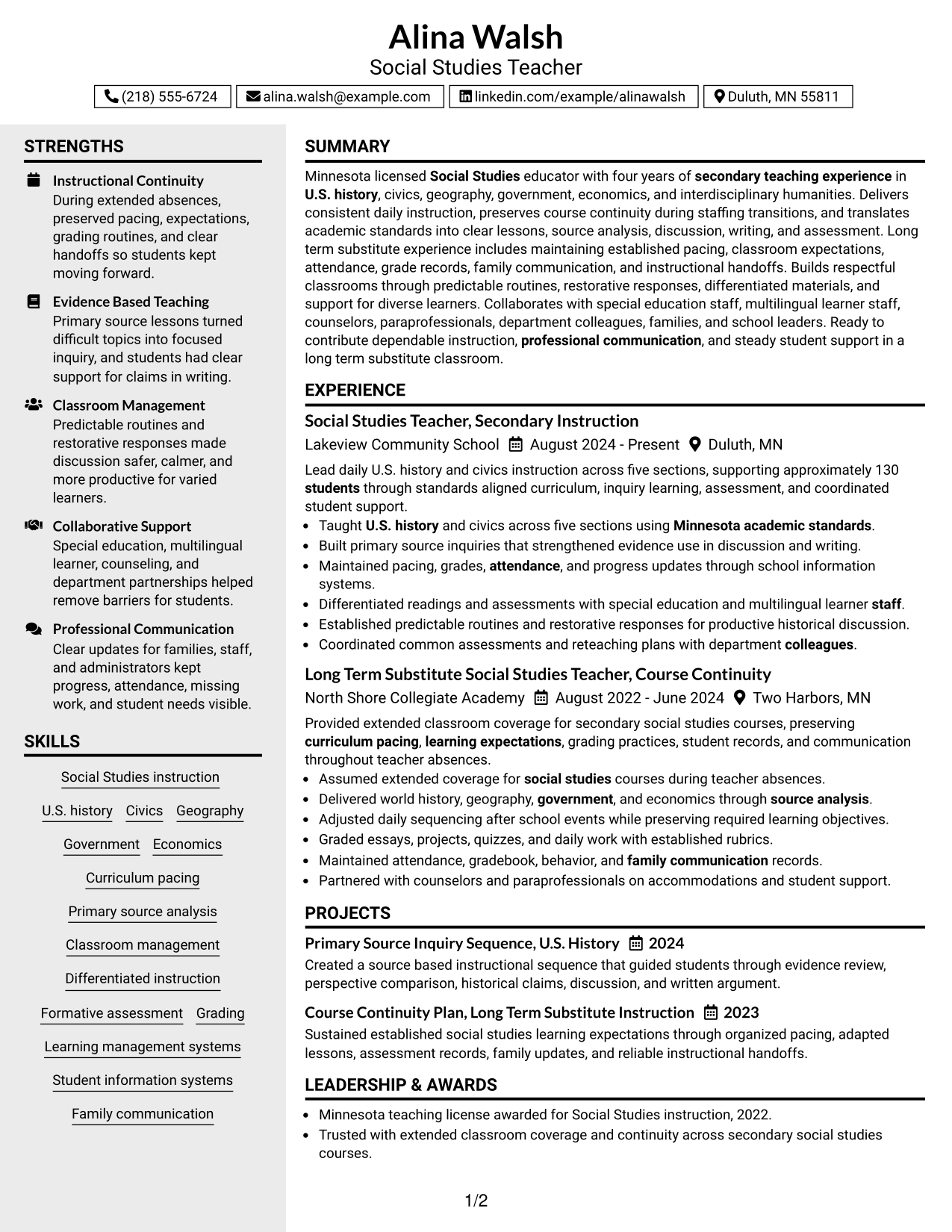 Resume Example Page 1