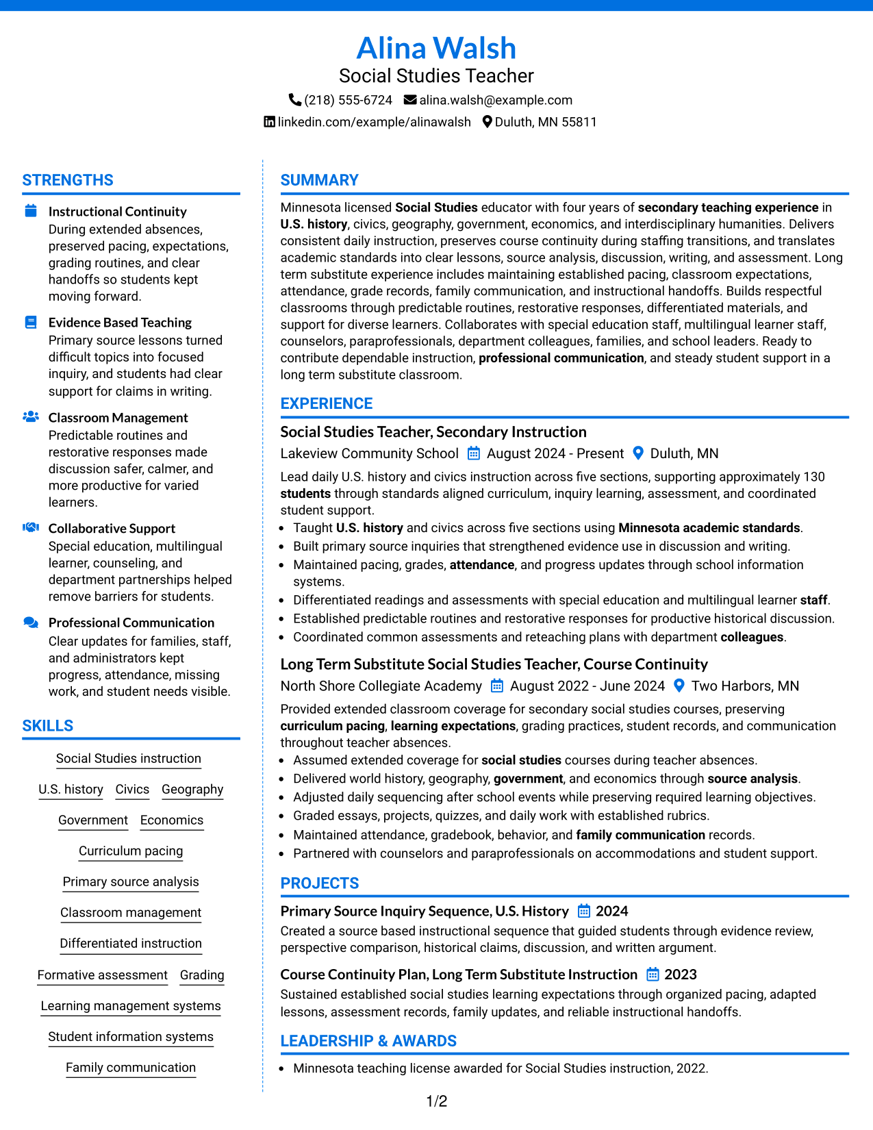 Resume Example Page 1