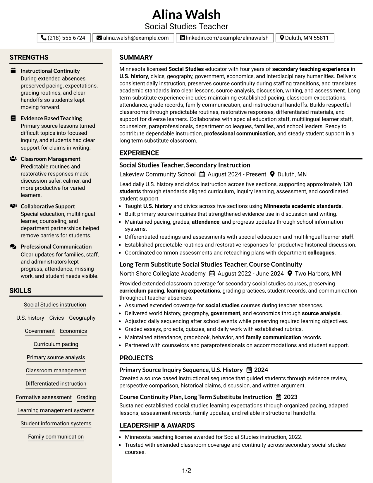 Resume Example Page 1