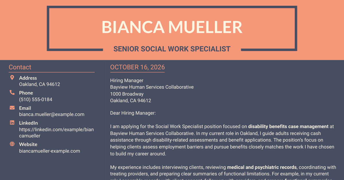 7 Social Work Specialist - Disability Benefits Case Management Cover Letter Templates with Example