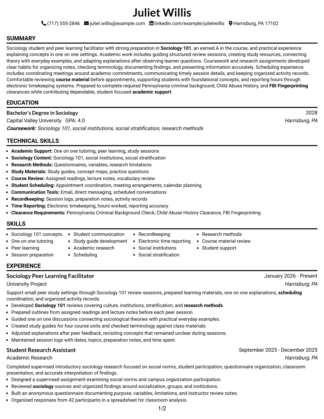 Resume Example Page 1