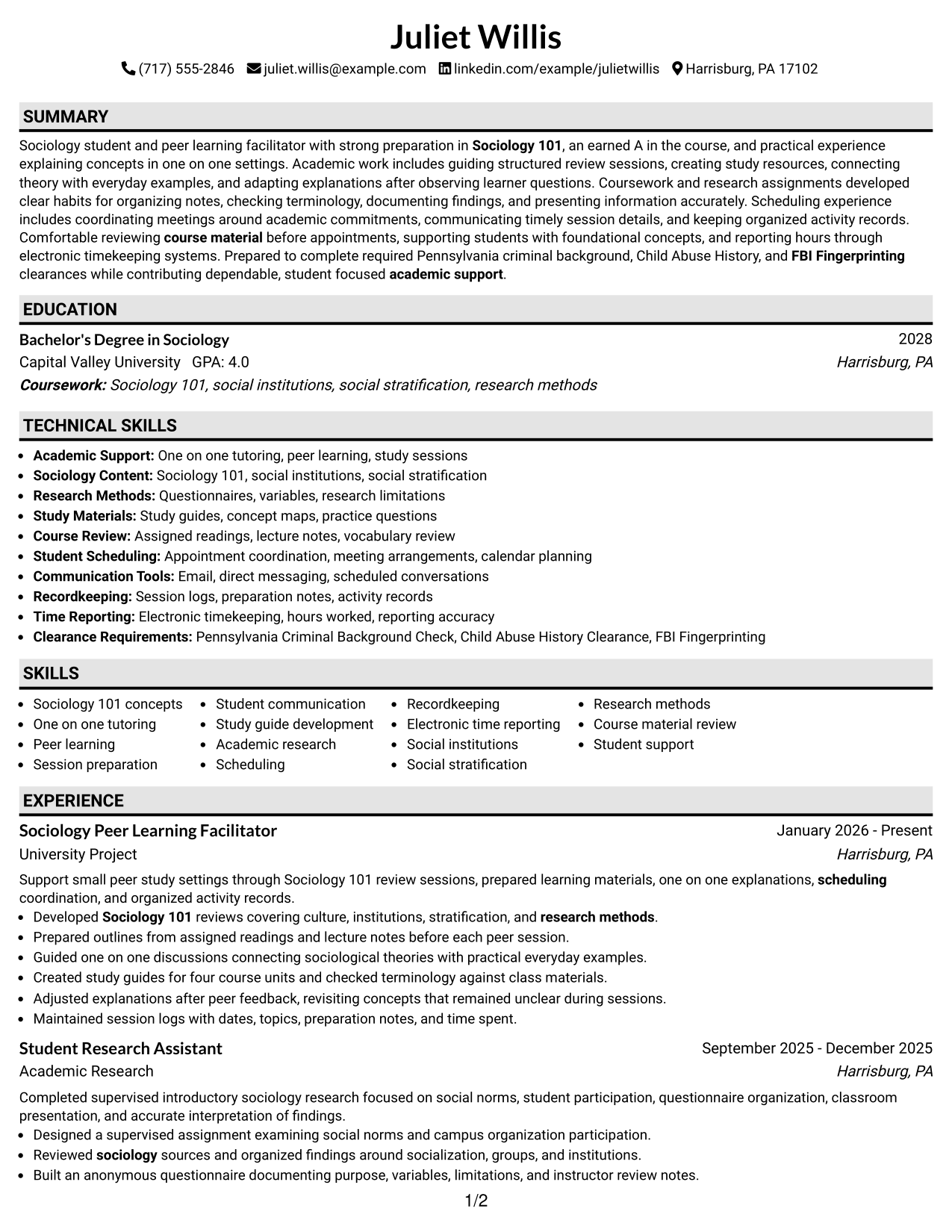 Resume Example Page 1