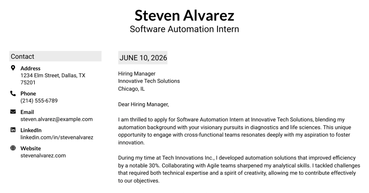 30+ Software Automation Intern Cover Letter Templates with Example 2026