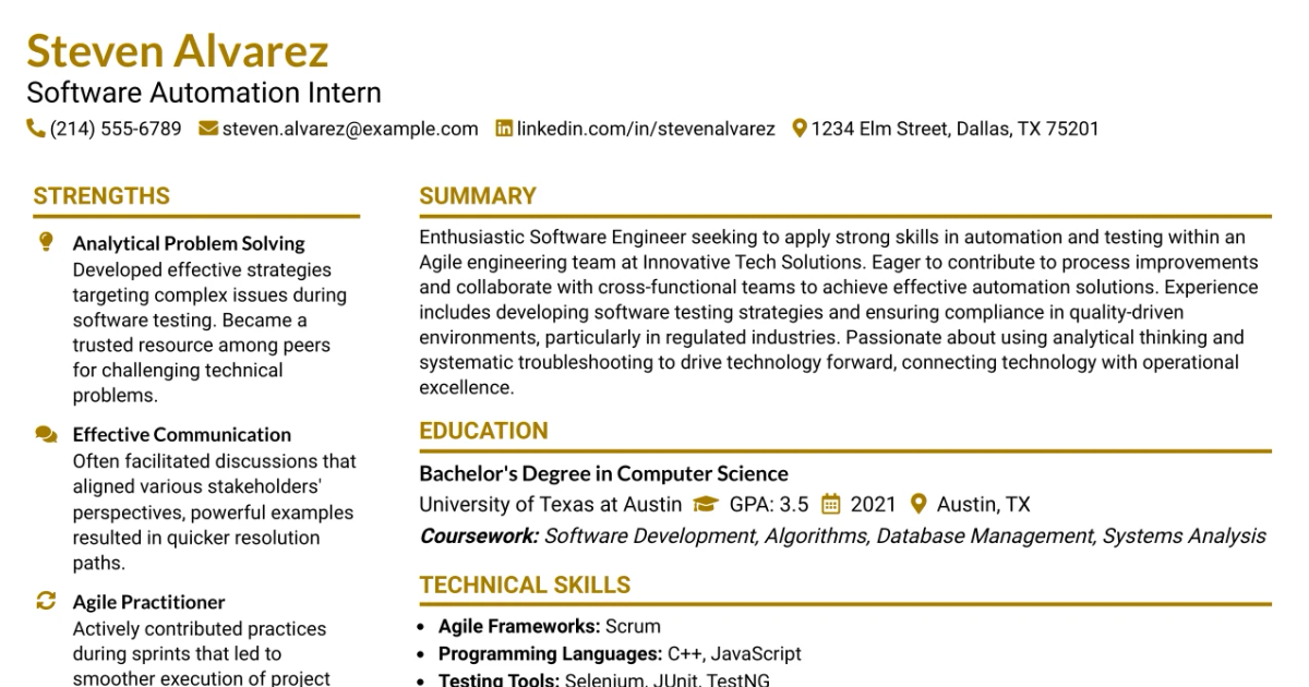 33 Software Automation Intern Resume Templates with Example 2026 (ATS-Optimized)