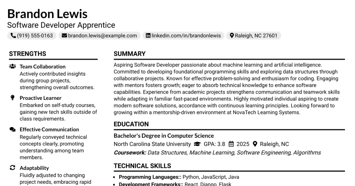 33 Software Developer Apprentice Entry Level ML AI Resume Templates with Example 2026 (ATS-Optimized)