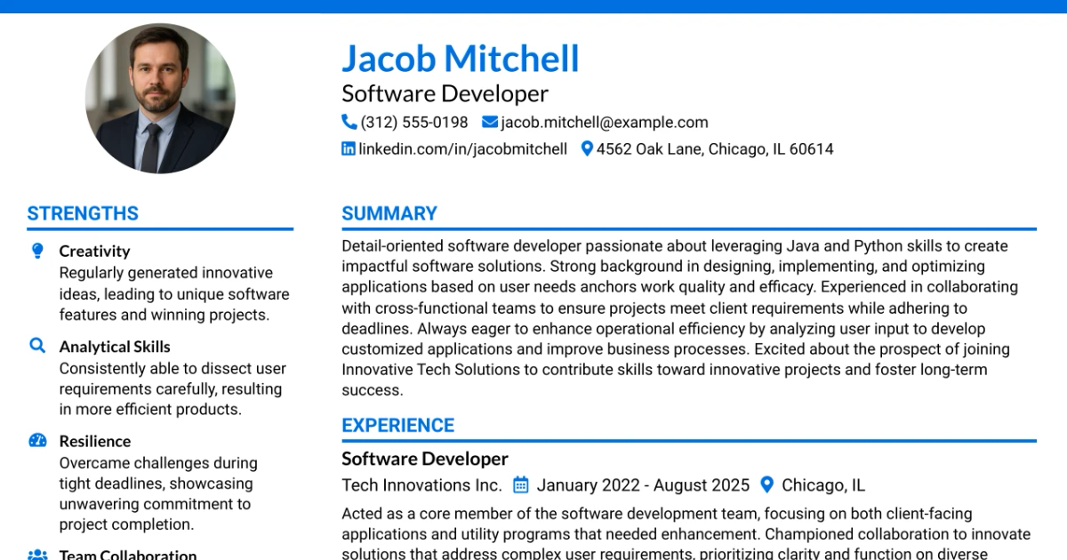 33 Software Developer - Java & Python Resume Templates with Example 2026 (ATS-Optimized)
