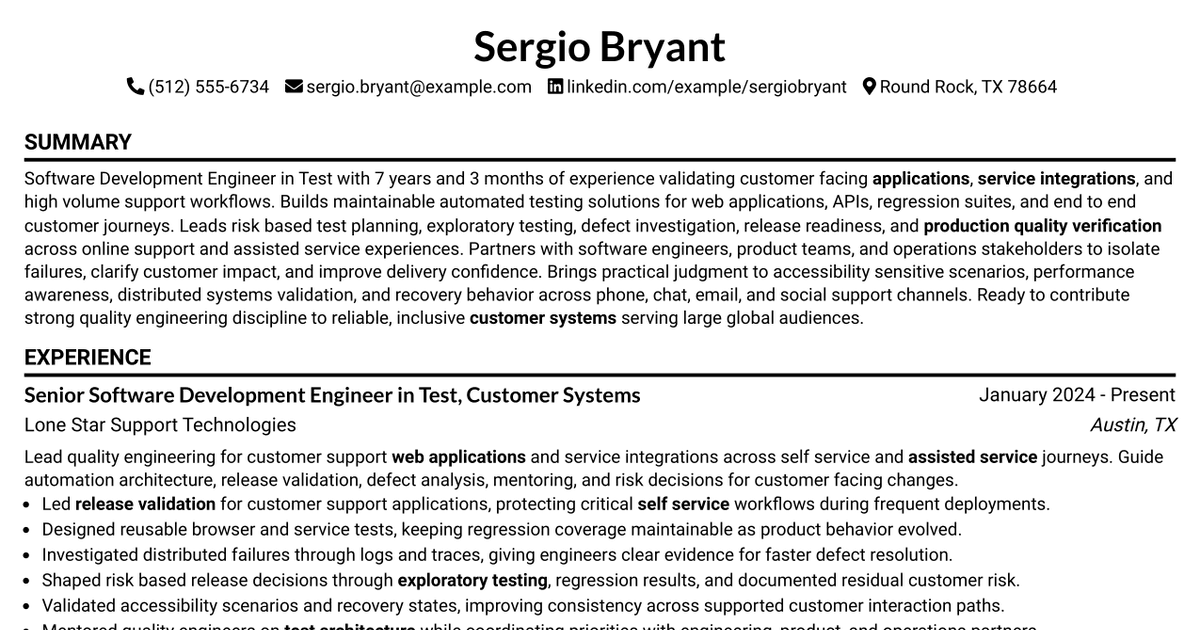 7 Software Development Engineer in Test, IS&T Customer Systems Resume Templates with Example