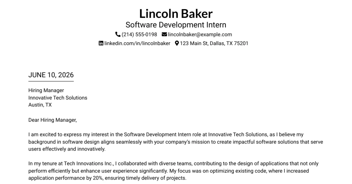 30+ Software Development Intern Cover Letter Templates with Example 2026