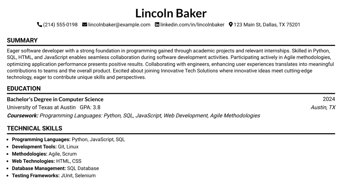 33 Software Development Intern Resume Templates with Example 2026 (ATS-Optimized)