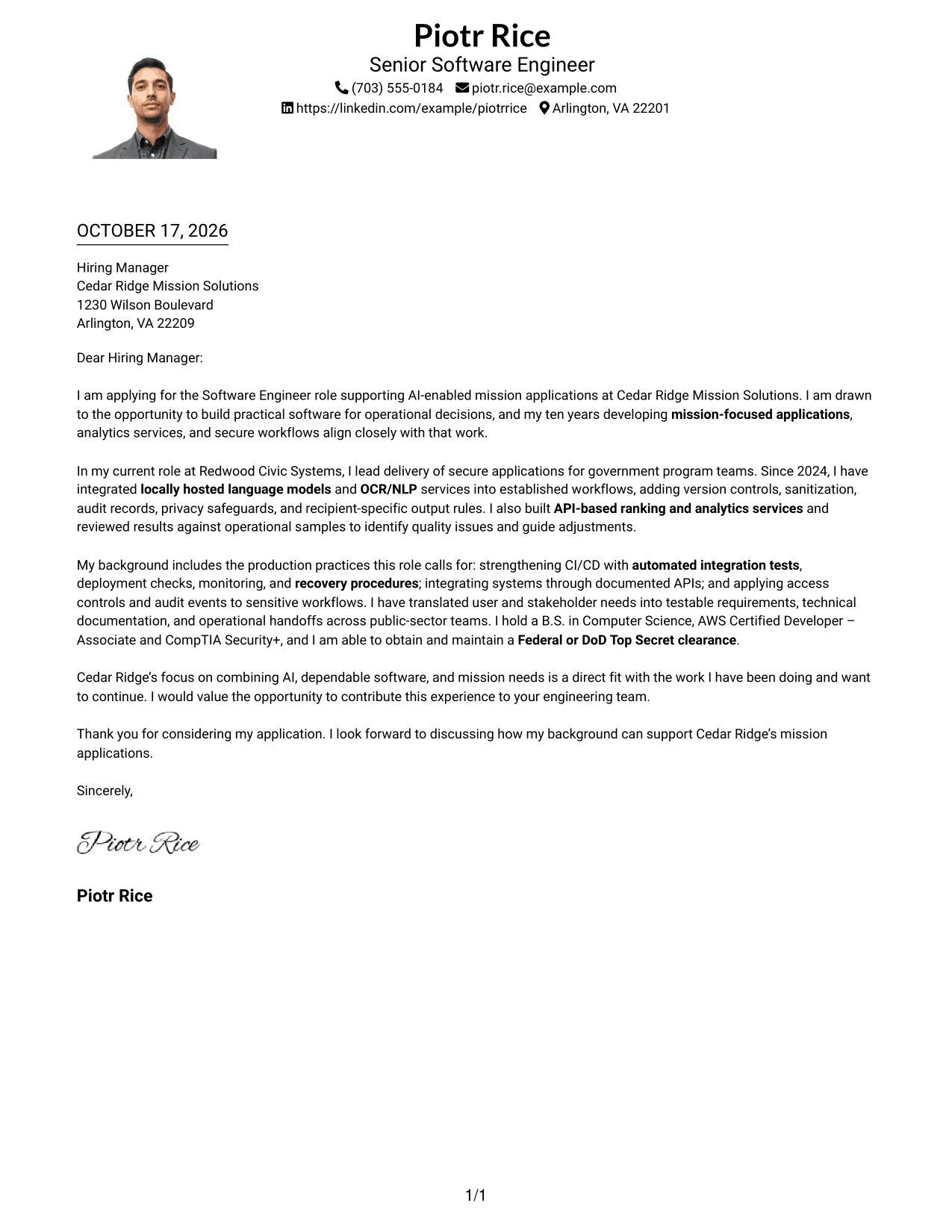 Cover letter example — page 1