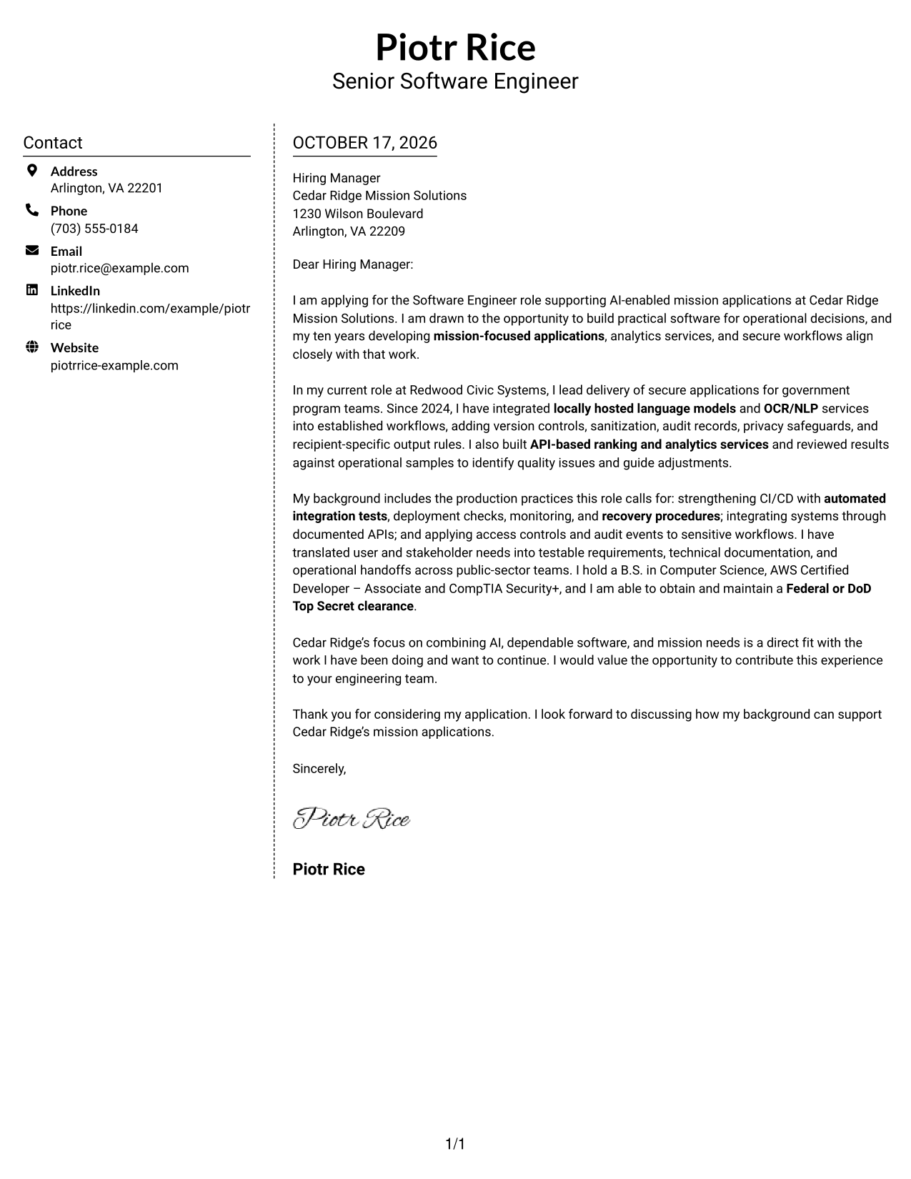 Cover letter example — page 1