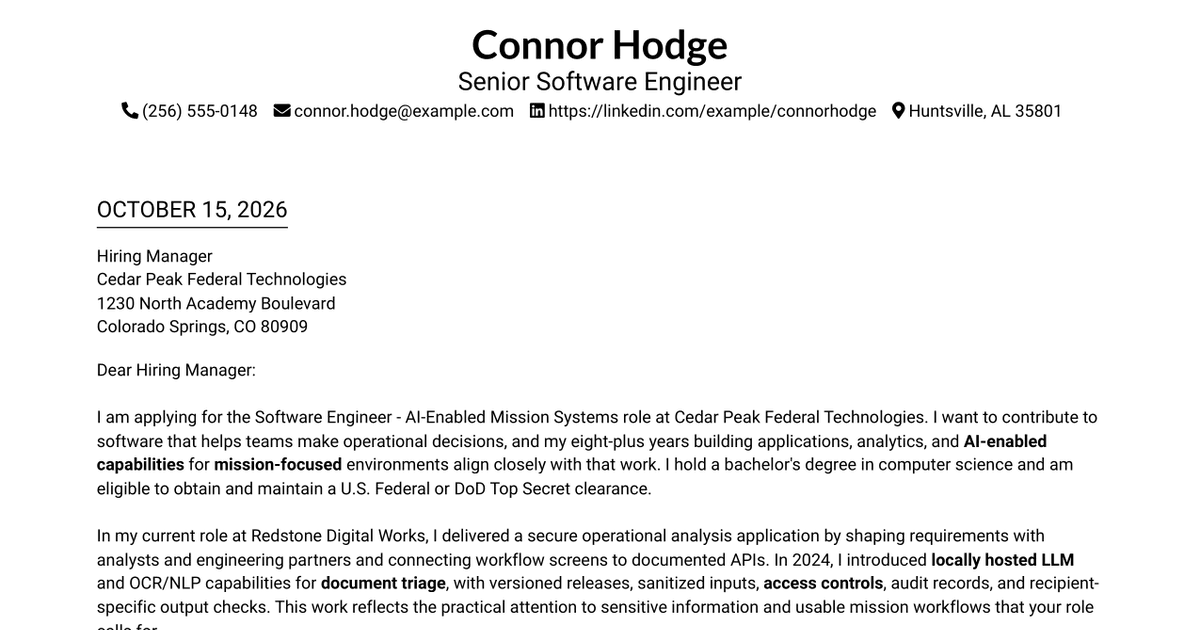 7 Software Engineer - AI-Enabled Mission Systems Cover Letter Templates with Example