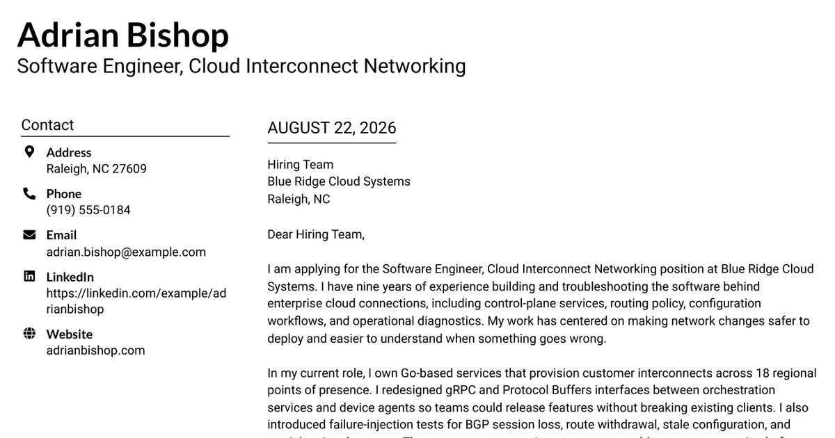 30+ Software Engineer, Cloud Interconnect Networking Cover Letter Templates with Example 2026