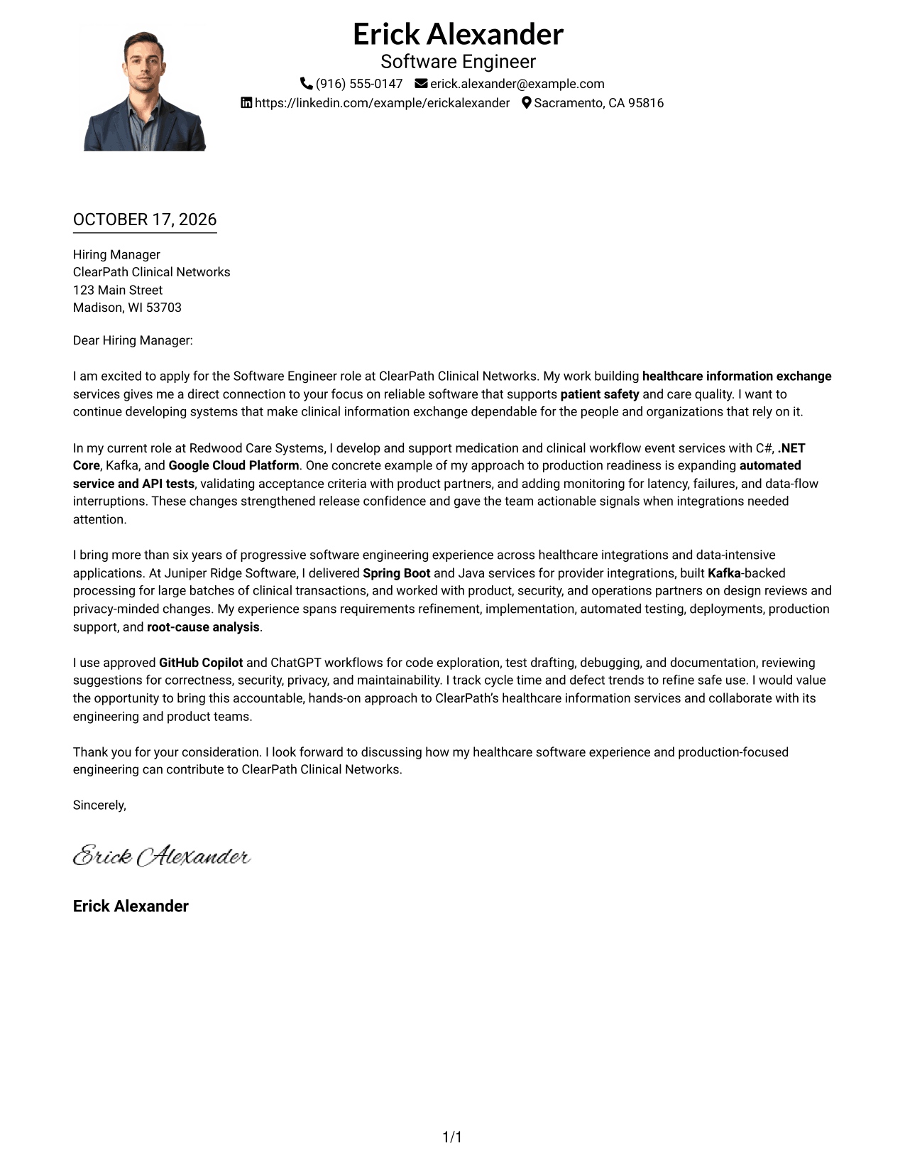 Cover letter example — page 1