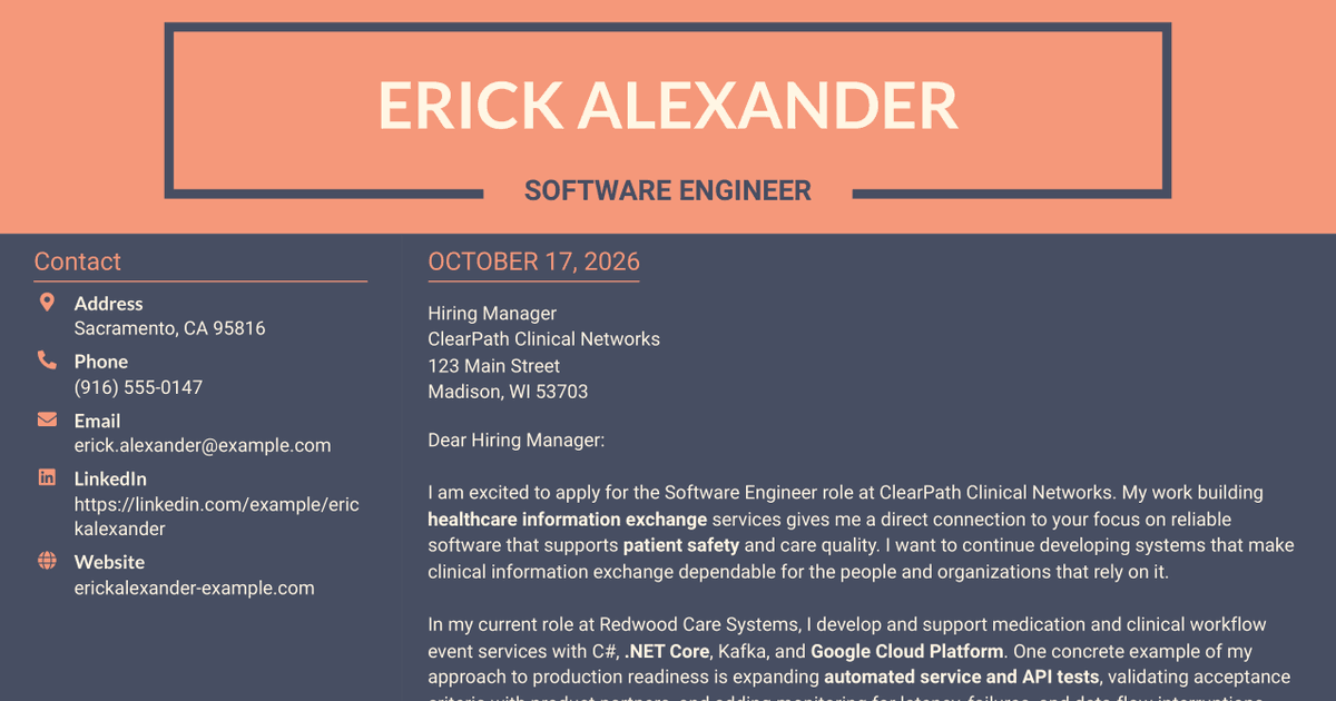 7 Software Engineer - Healthcare Information Exchange Cover Letter Templates with Example