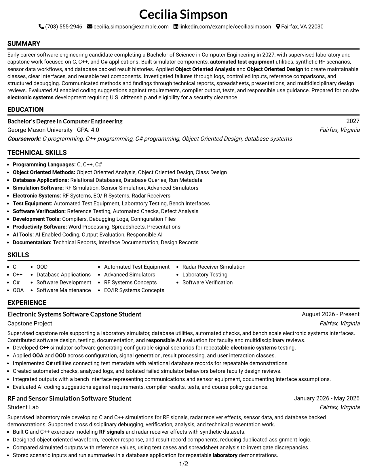 Resume Example Page 1