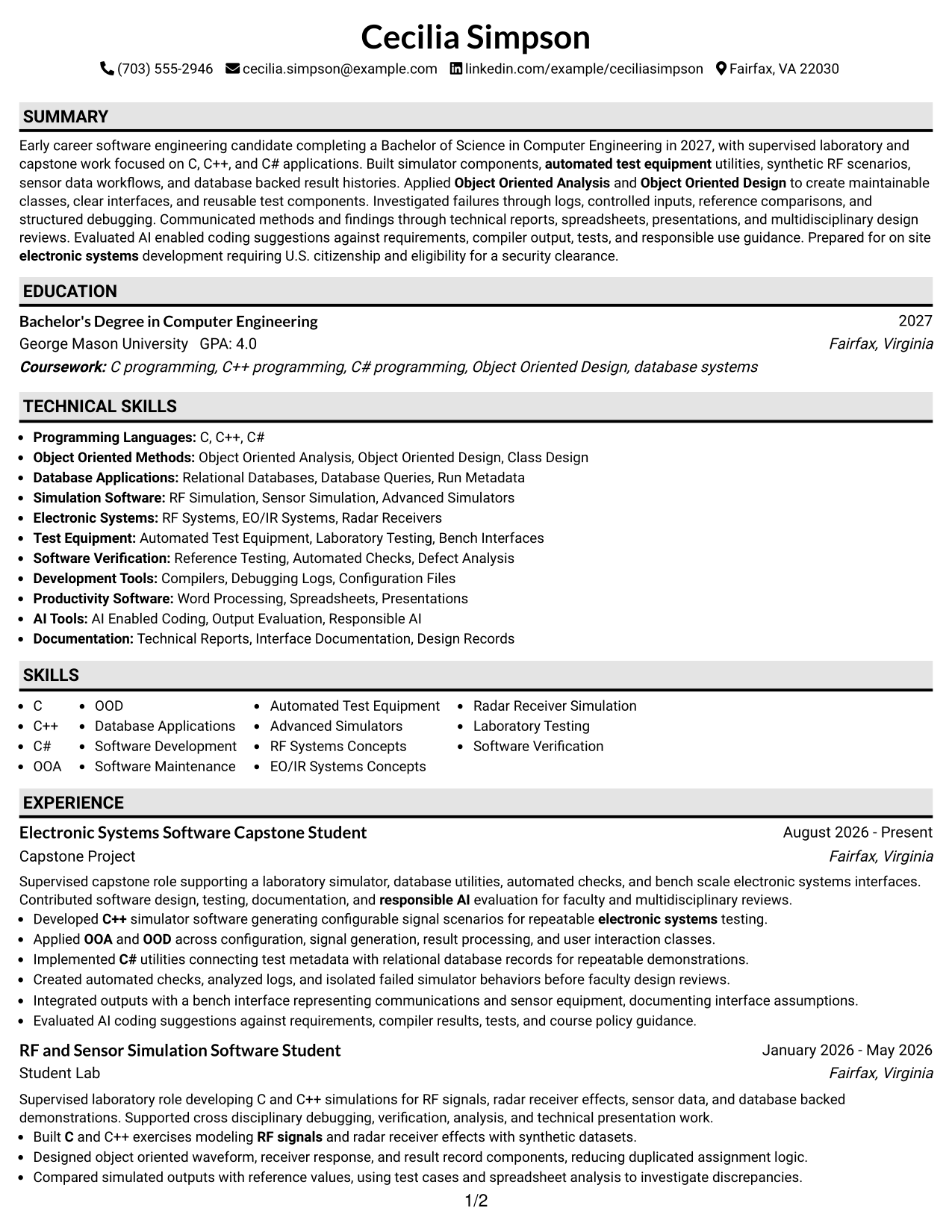 Resume Example Page 1
