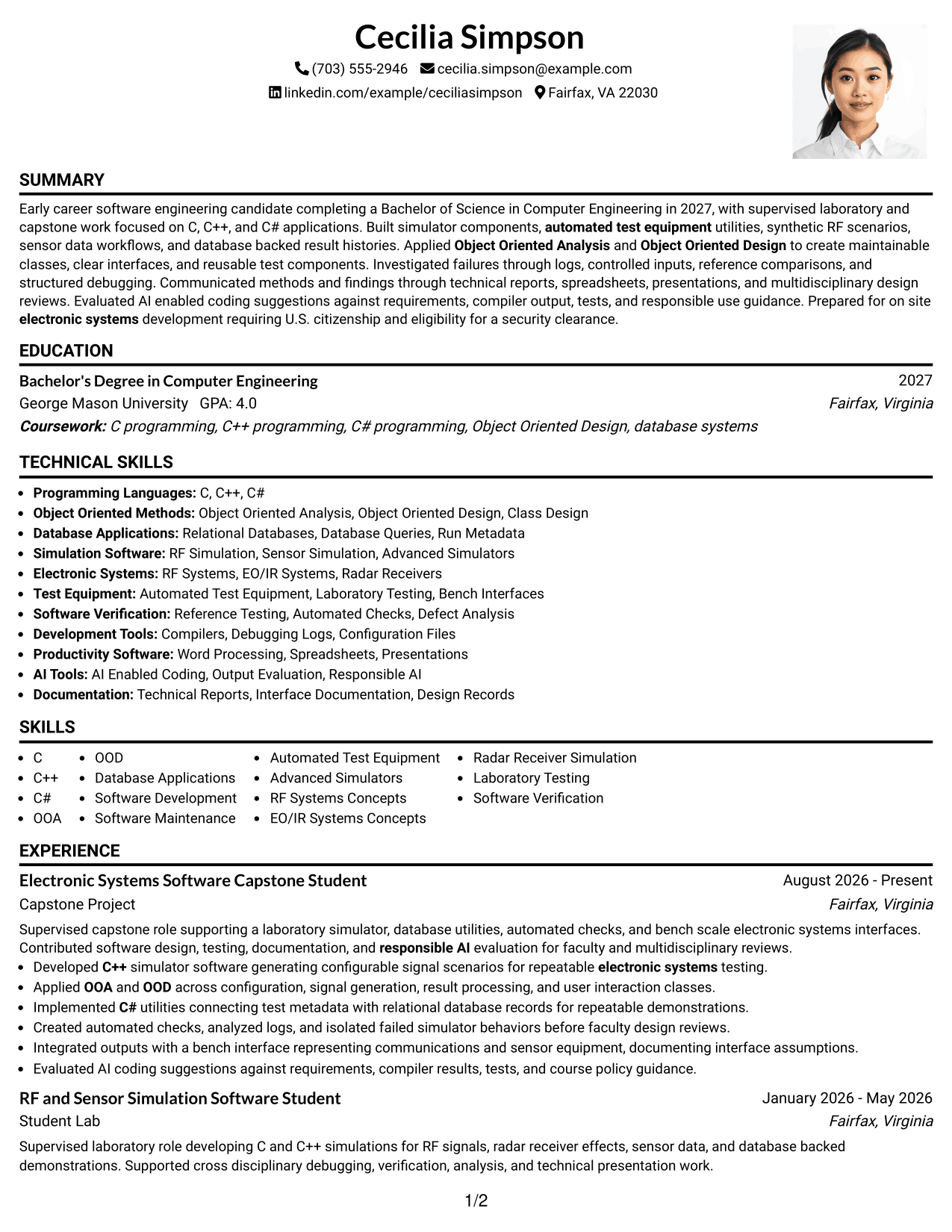 Resume Example Page 1