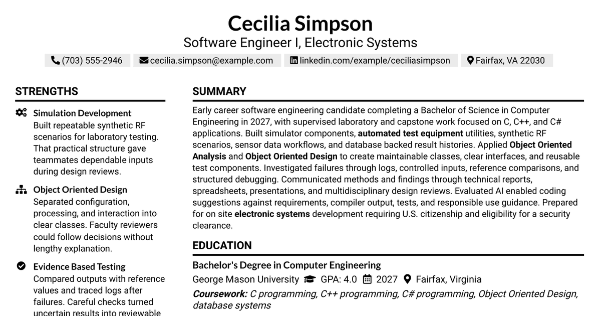 7 Software Engineer I (Electronic Systems) Resume Templates with Example