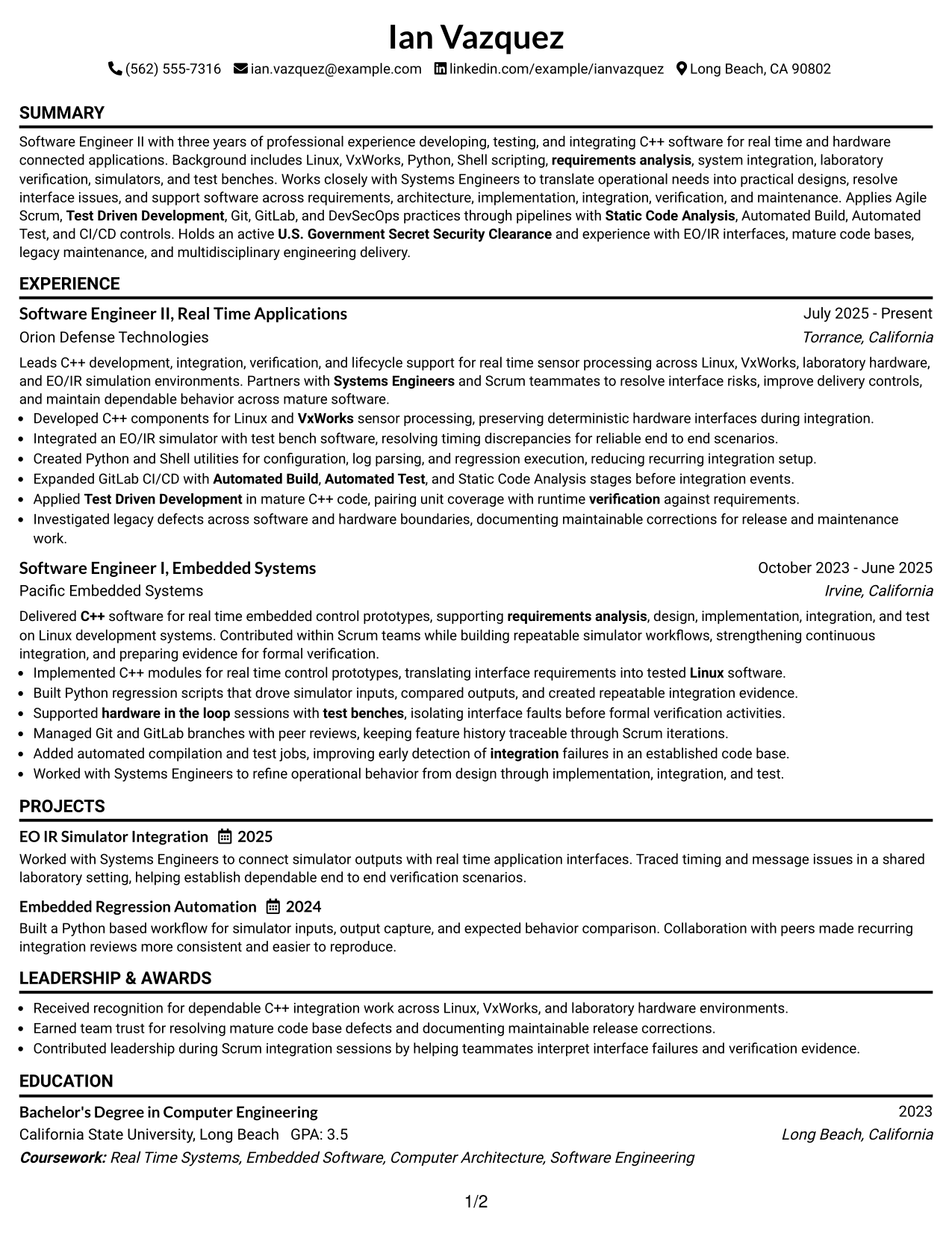 Resume Example Page 1