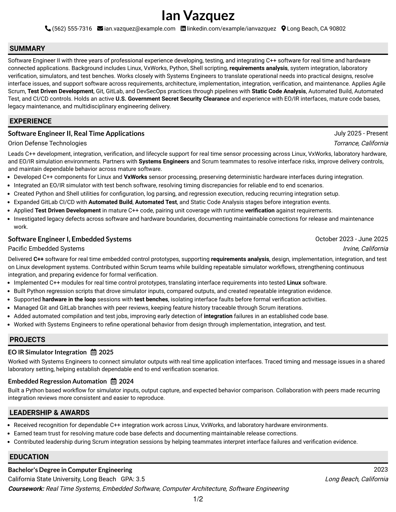 Resume Example Page 1