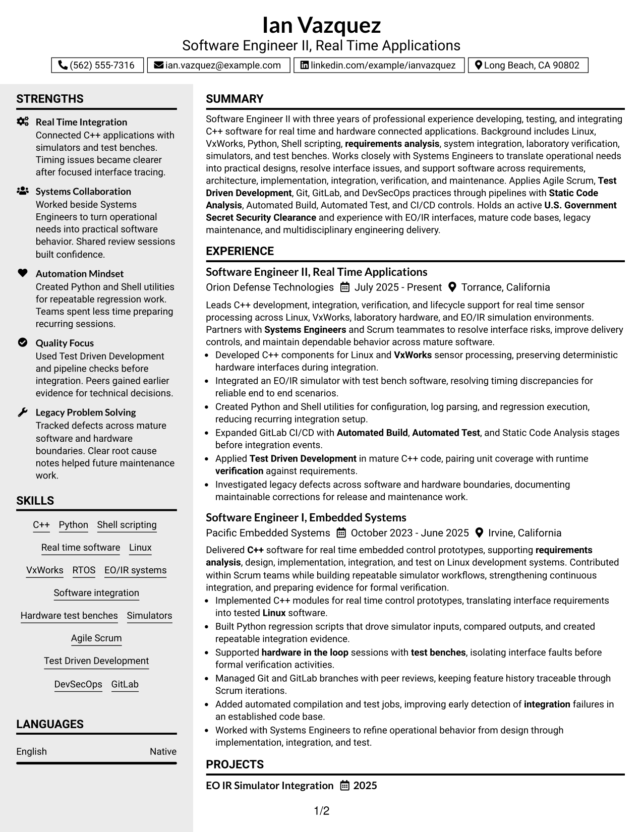 Resume Example Page 1