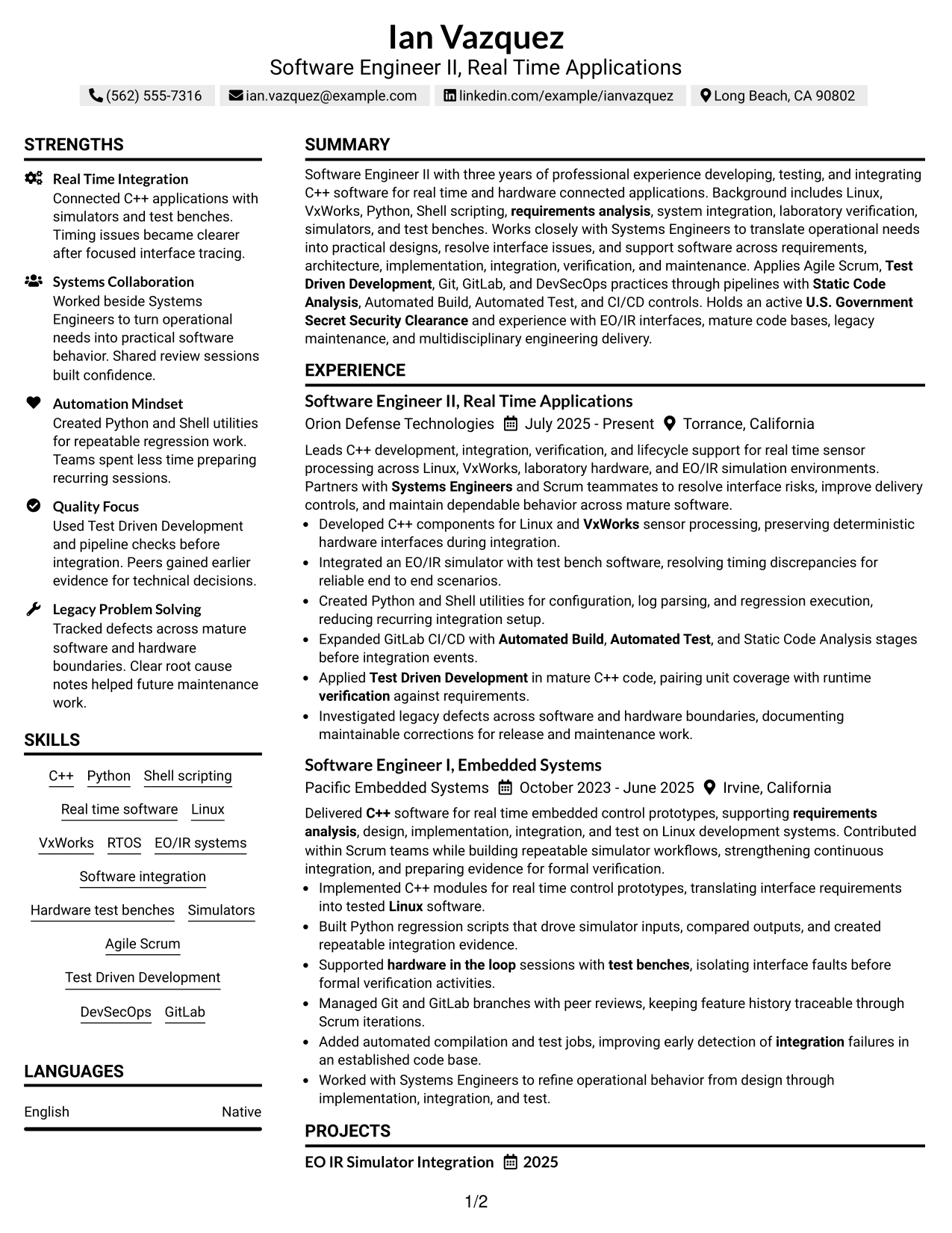 Resume Example Page 1