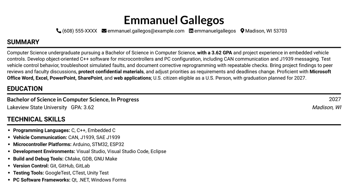 7 Software Engineer Intern - C++ and Embedded Resume Templates with Example