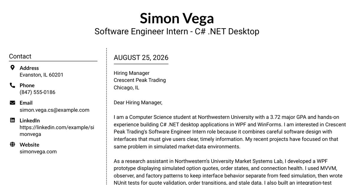 30+ Software Engineer Intern - C# .NET Desktop Cover Letter Templates with Example 2026