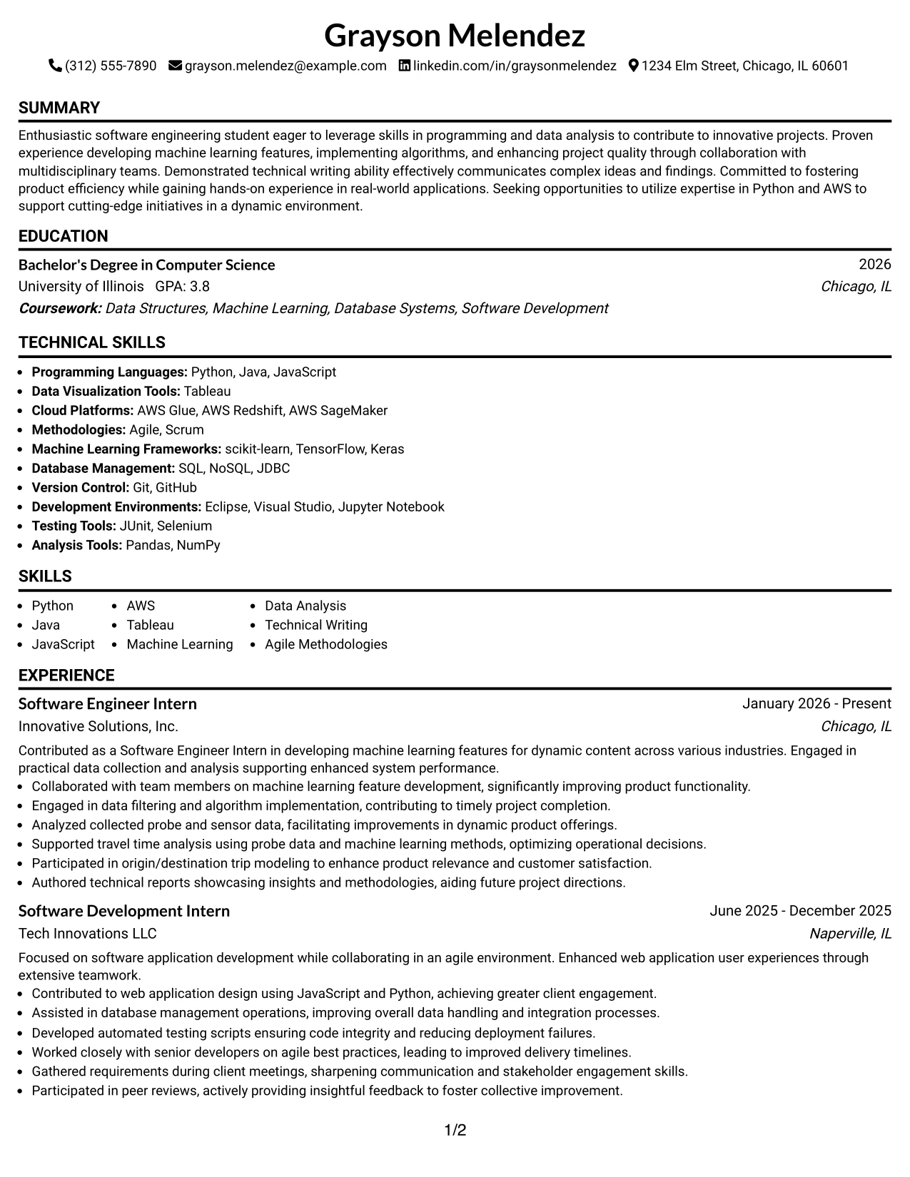 Resume Example Page 1