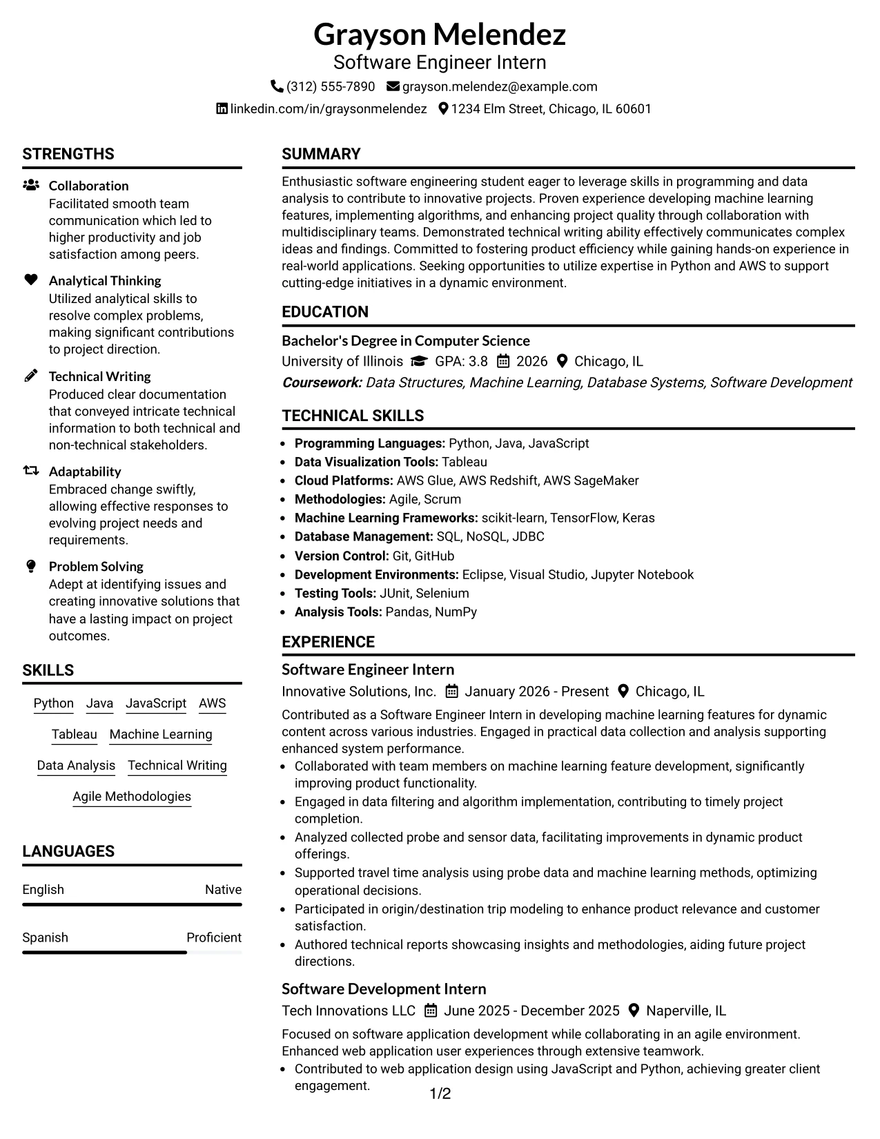 Resume Example Page 1