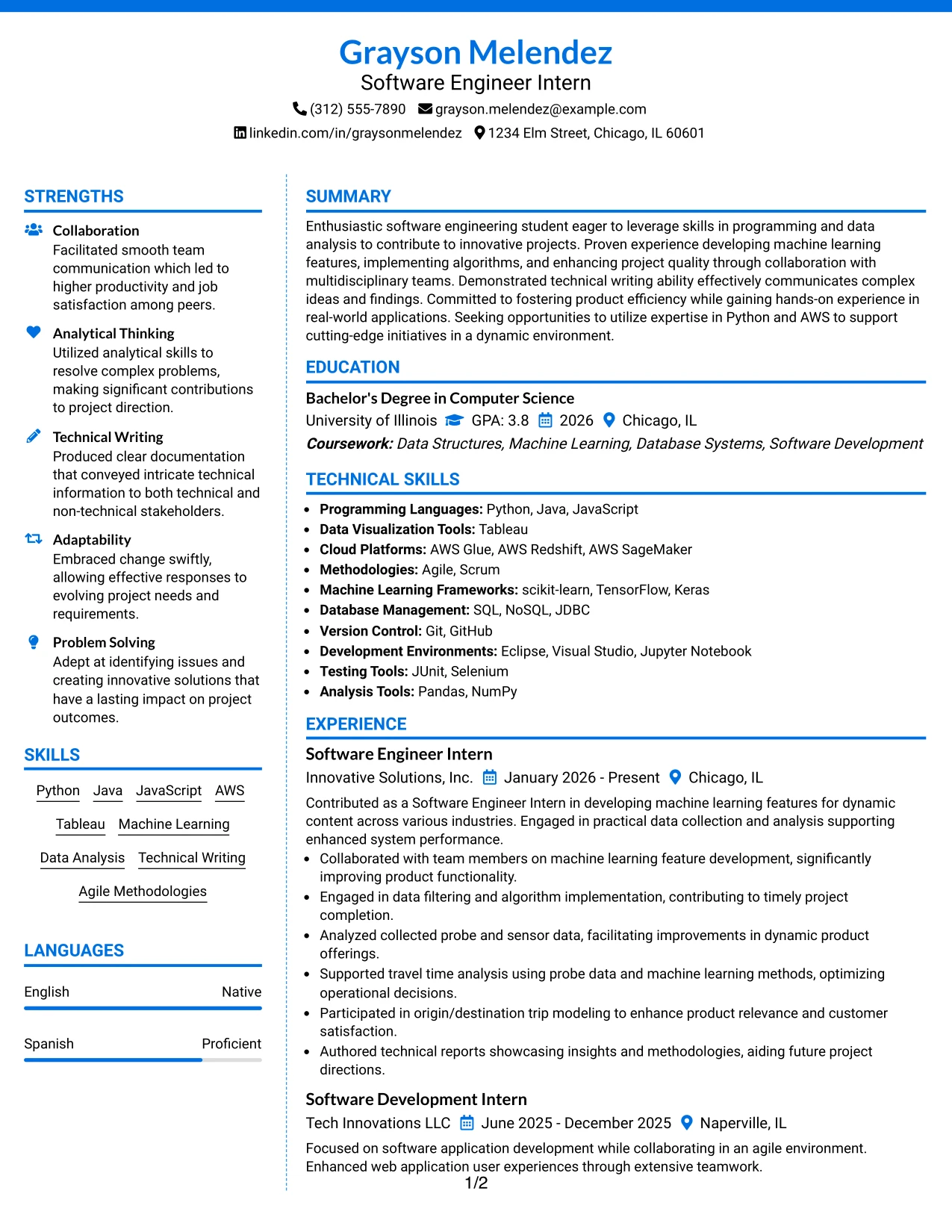 Resume Example Page 1
