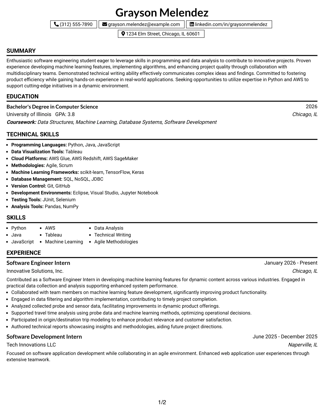 Resume Example Page 1