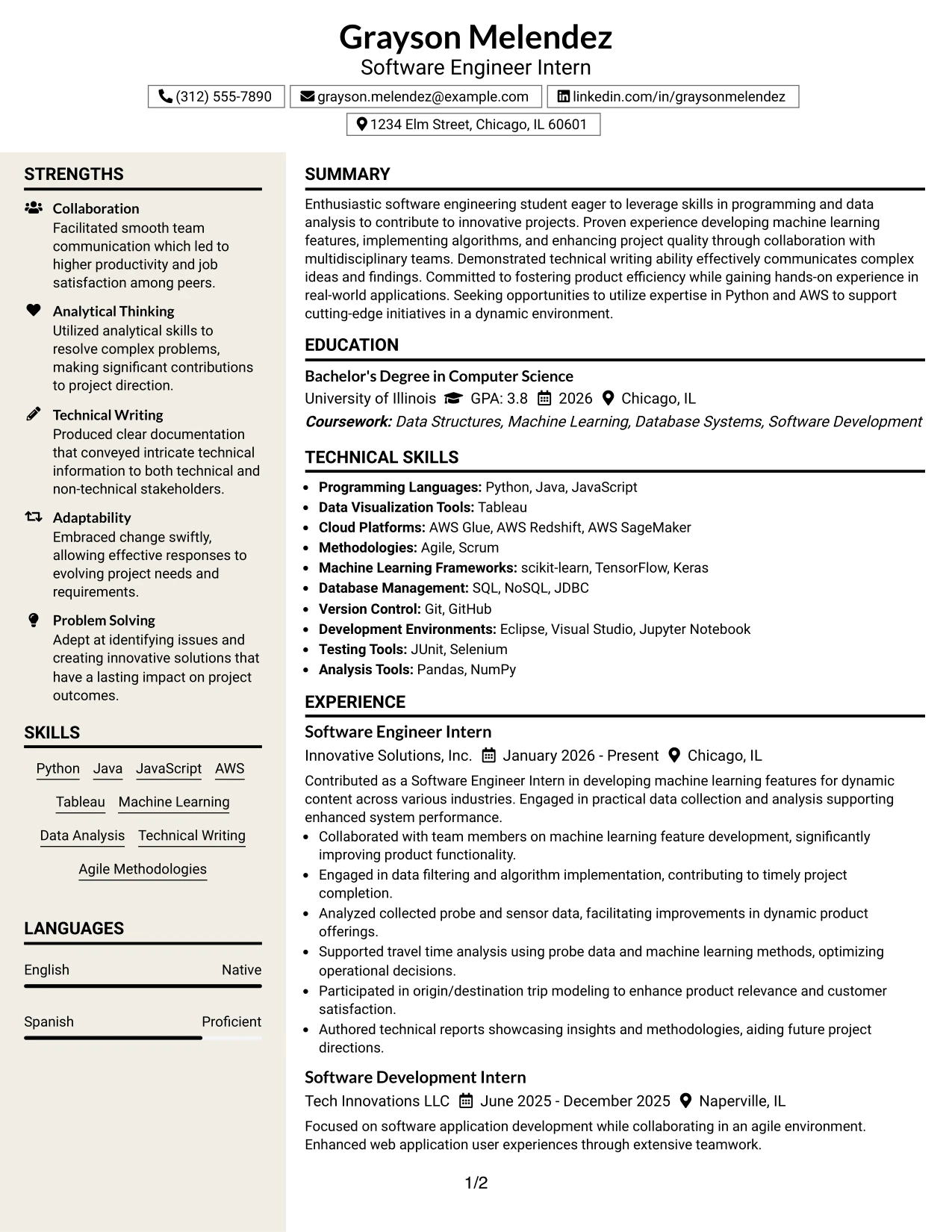 Resume Example Page 1