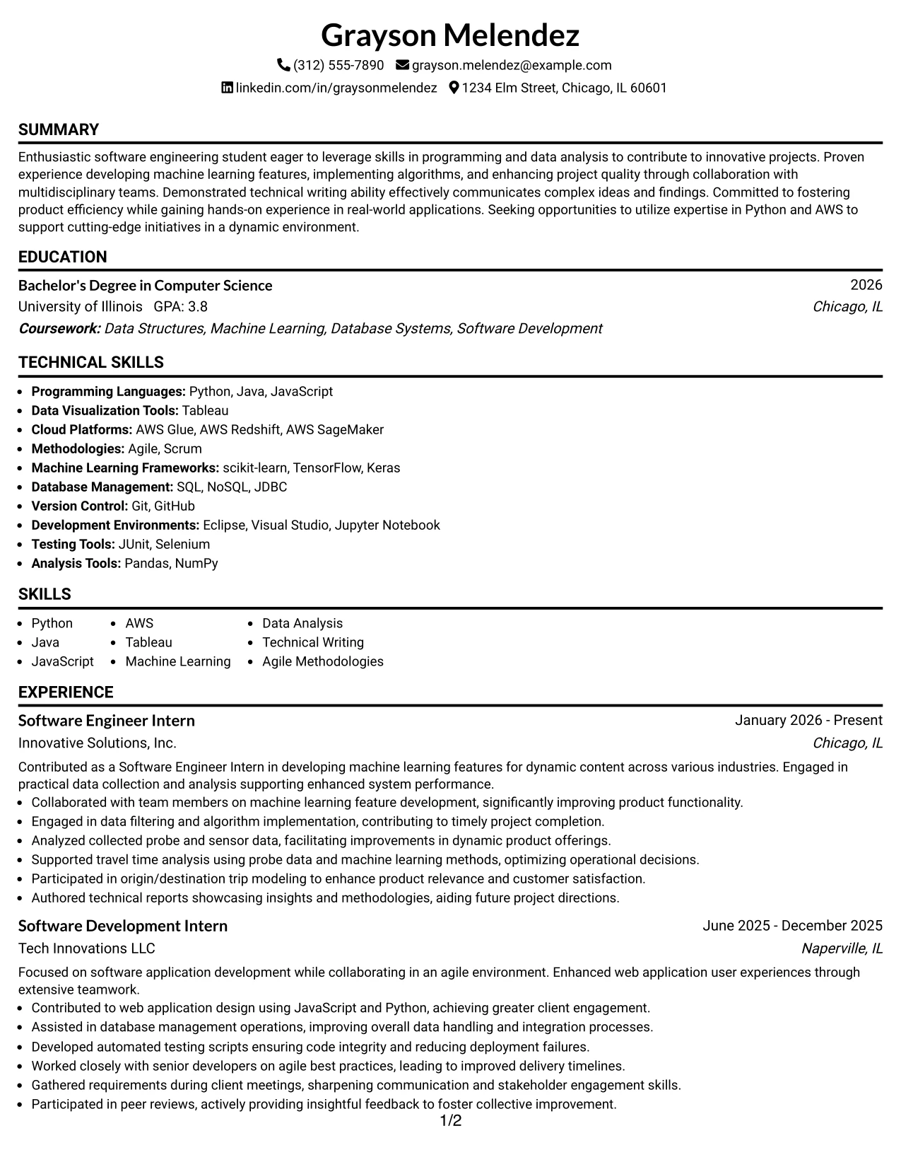Resume Example Page 1