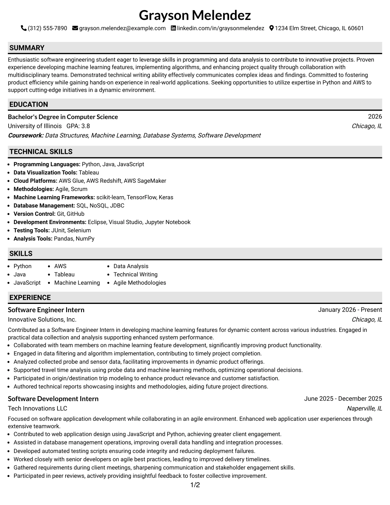 Resume Example Page 1