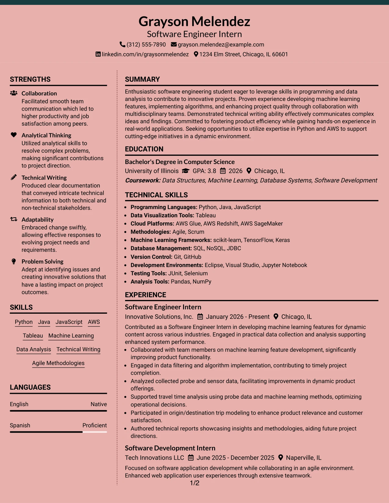 Resume Example Page 1