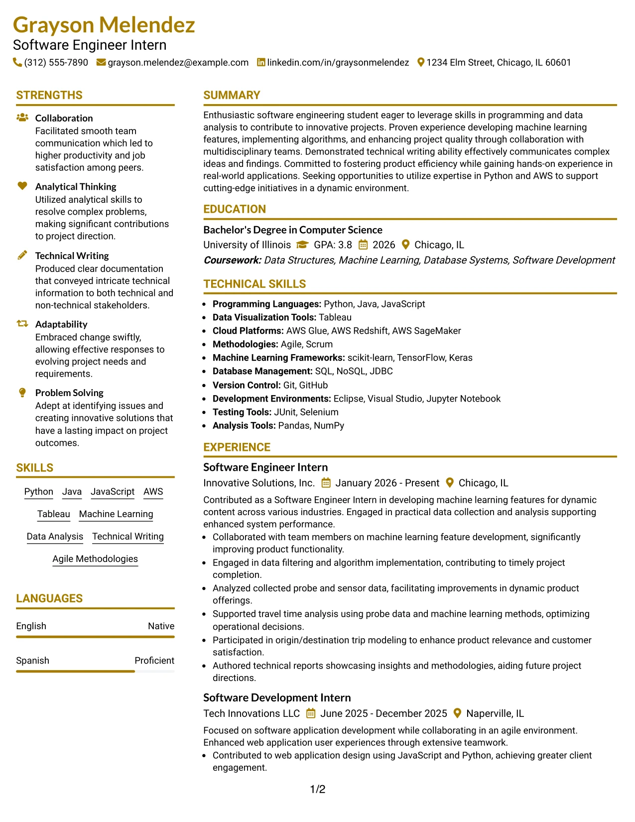Resume Example Page 1