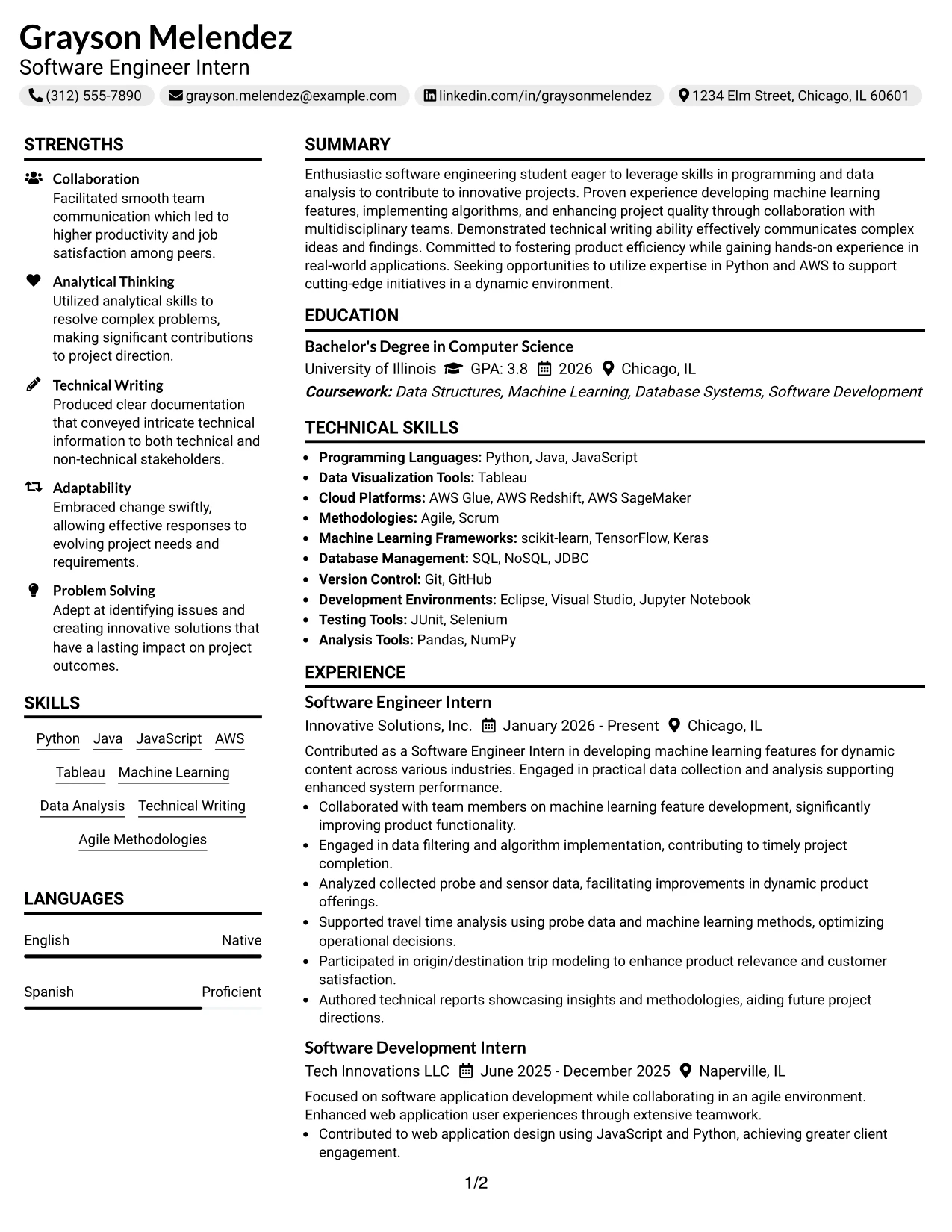 Resume Example Page 1