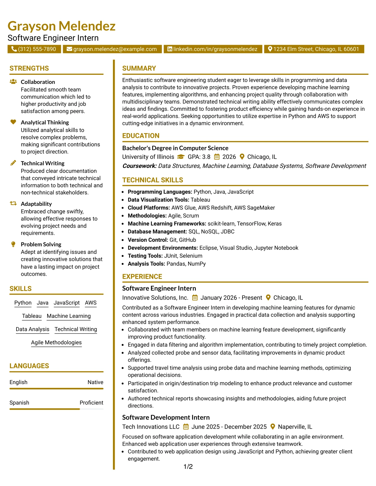 Resume Example Page 1