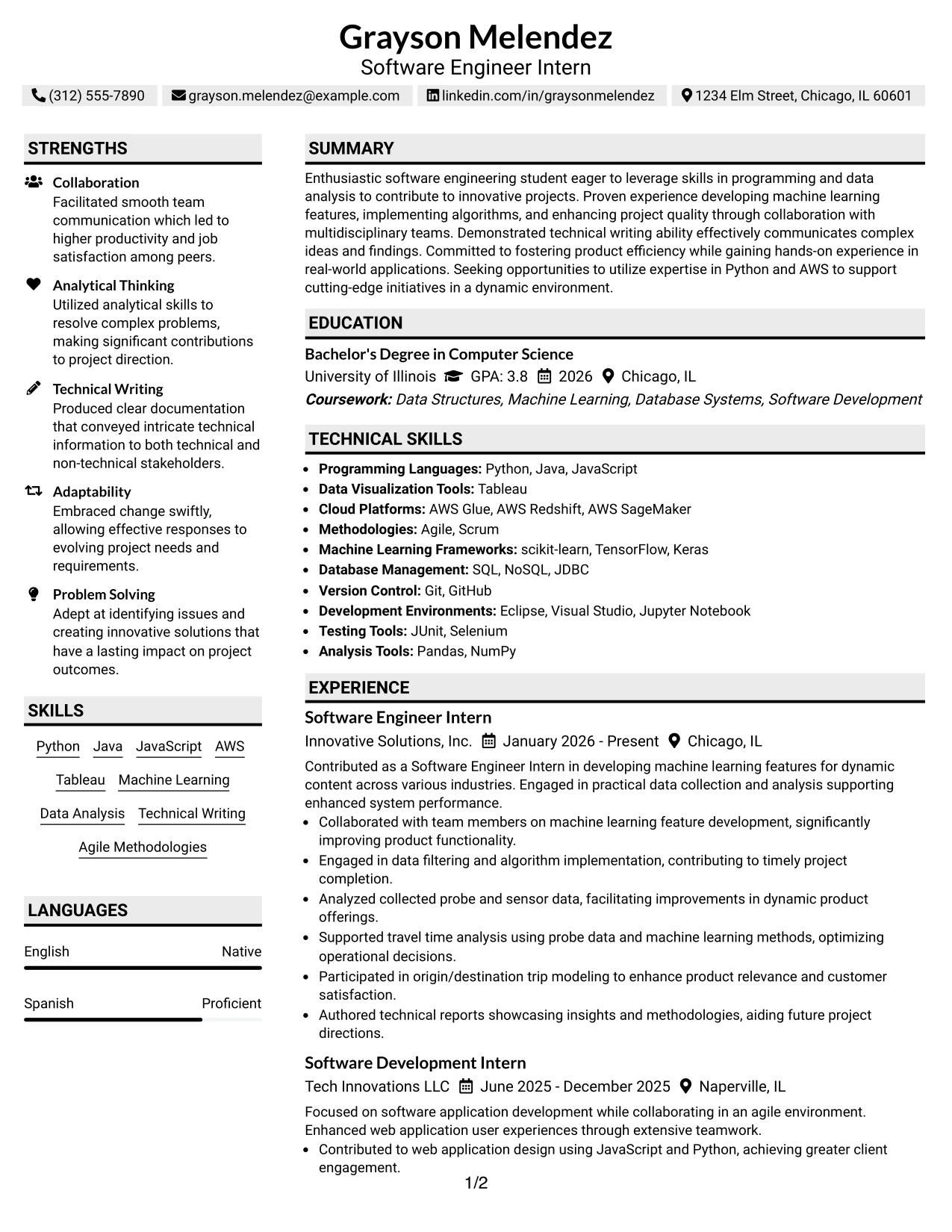 Resume Example Page 1