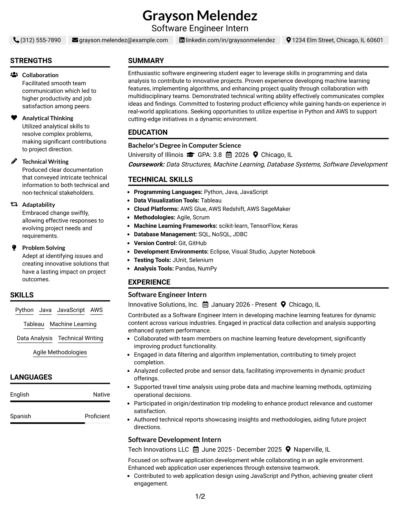 Resume Example Page 1