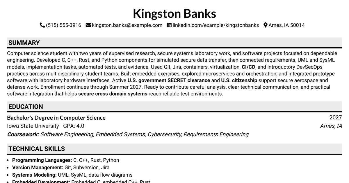 33 Software Engineer Intern - Secure Cross-Domain Systems Resume Templates with Example 2026 (ATS-Optimized)