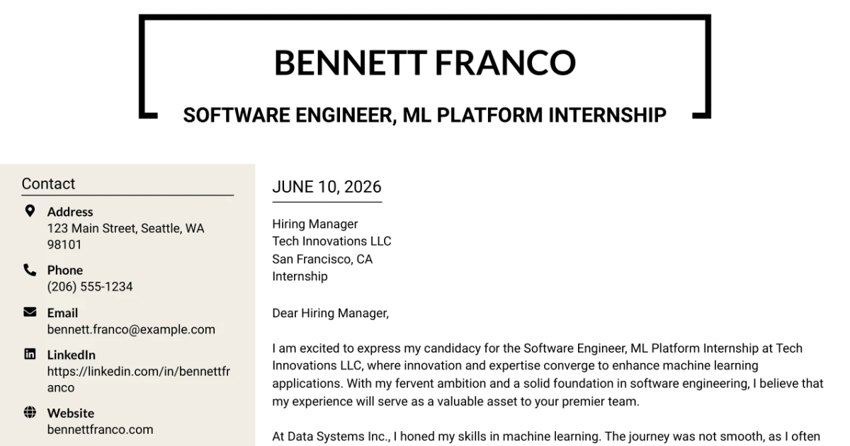 30+ Software Engineer, ML Platform Internship Cover Letter Templates with Example 2026