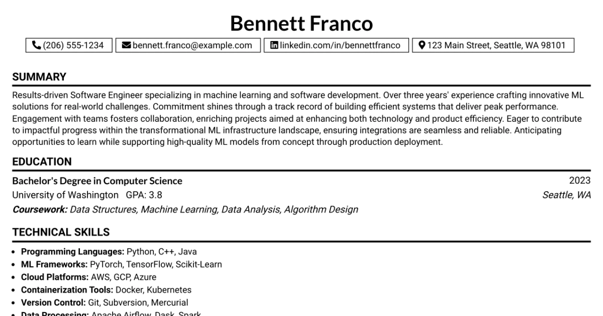 33 Software Engineer, ML Platform Internship Resume Templates with Example 2026 (ATS-Optimized)