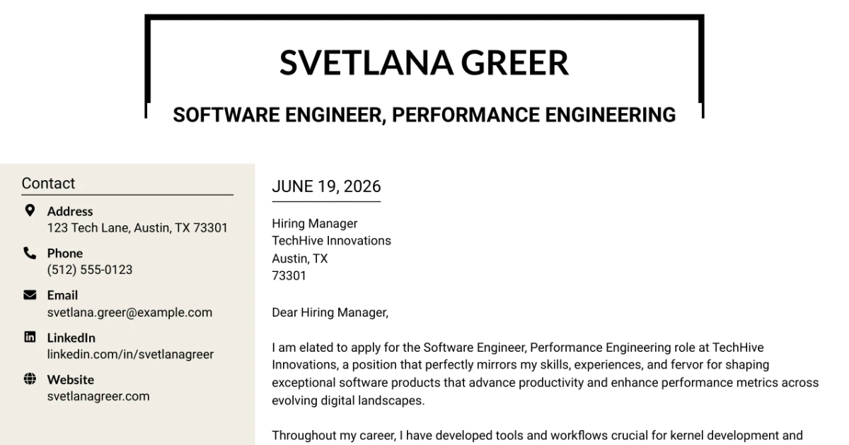 30+ Software Engineer, Performance Engineering Cover Letter Templates with Example 2026